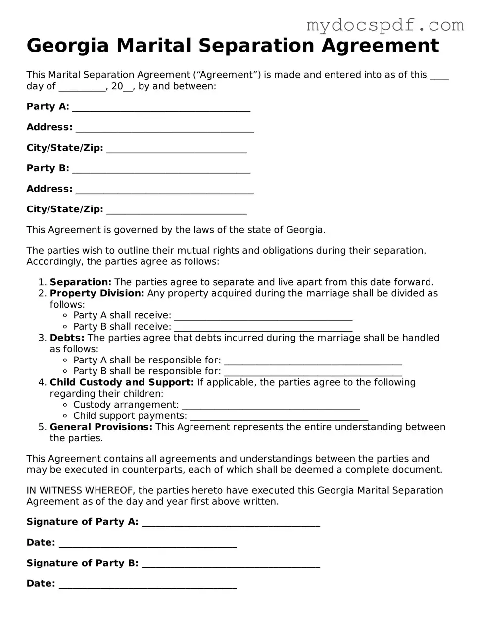 Fillable Georgia Marital Separation Agreement Document