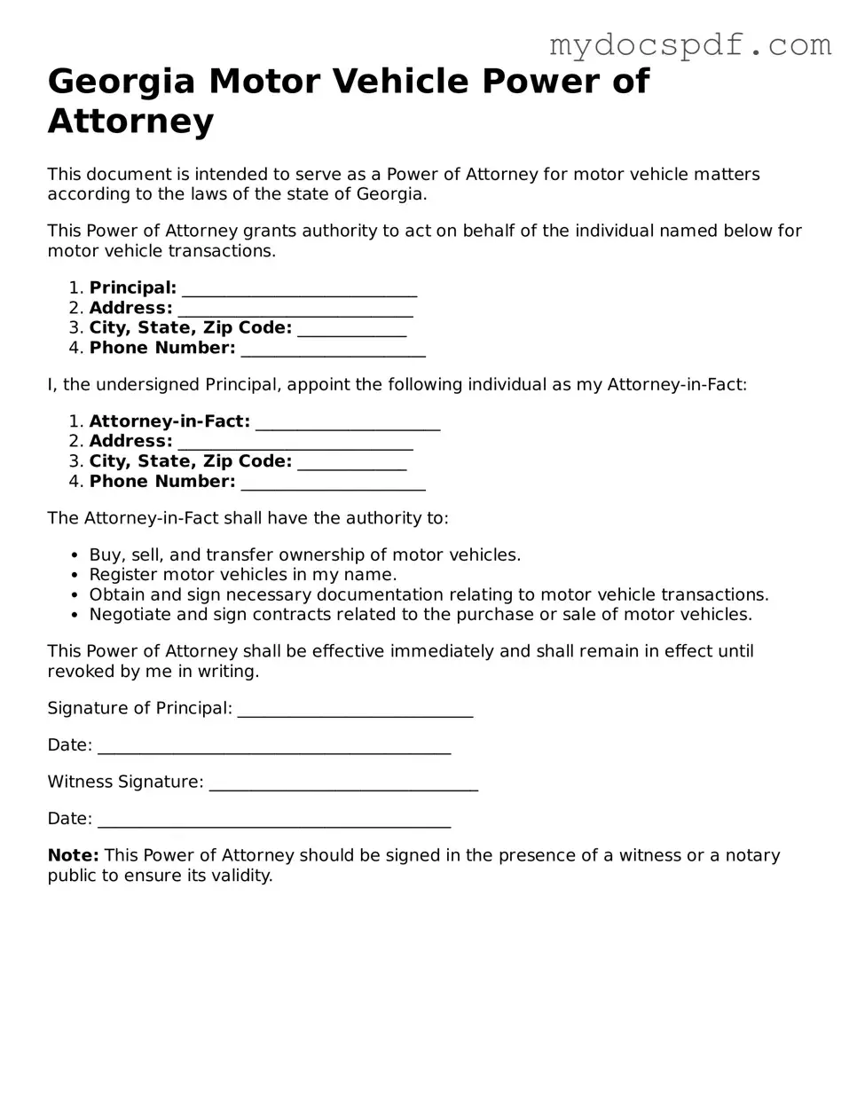 Fillable Georgia Motor Vehicle Power of Attorney Document
