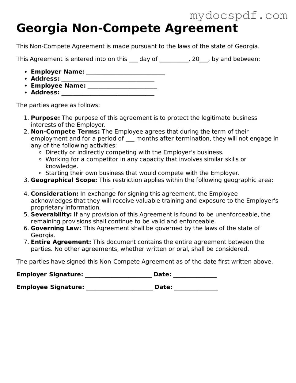 Fillable Georgia Non-compete Agreement Document