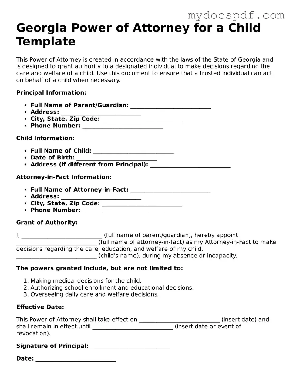 Fillable Georgia Power of Attorney for a Child Document