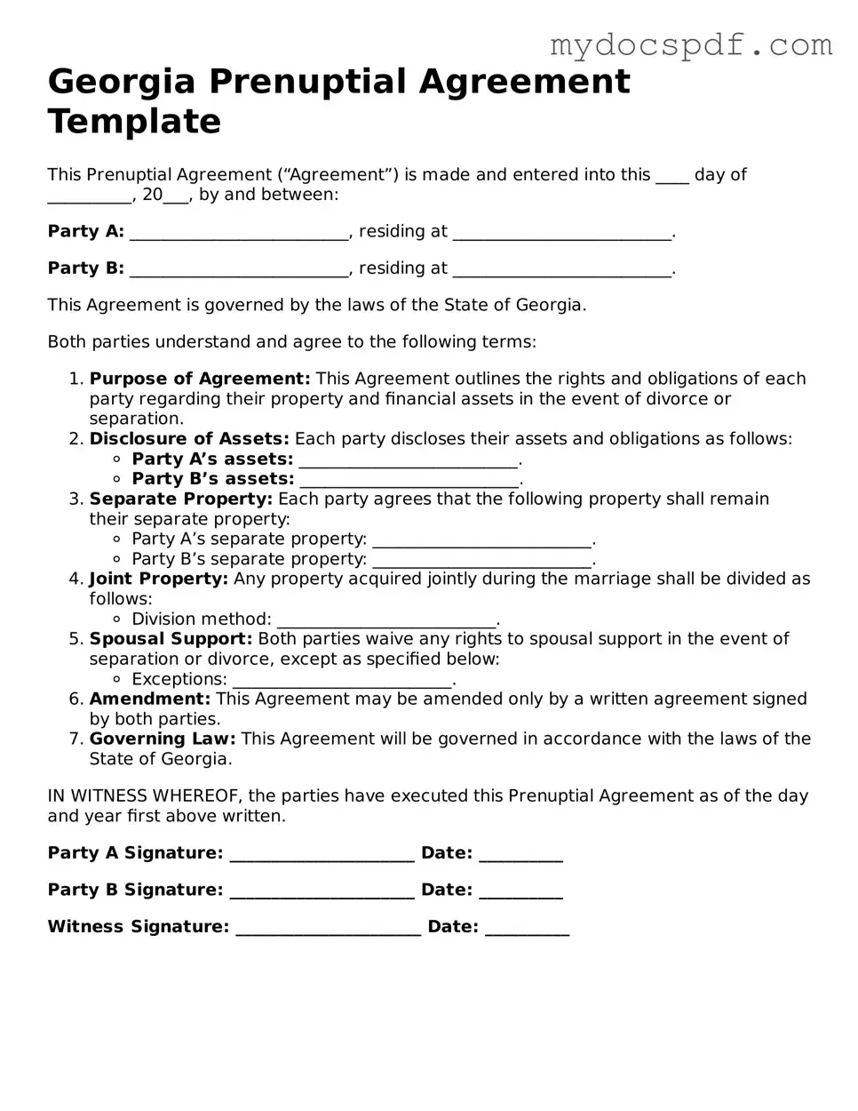Fillable Georgia Prenuptial Agreement Document