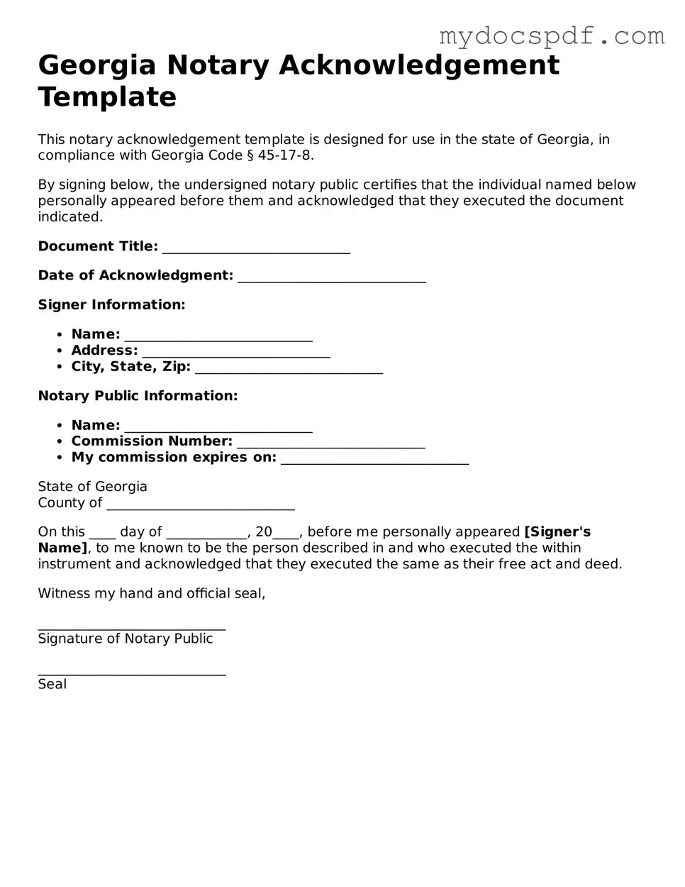 Fillable Georgia Notary Acknowledgement Document