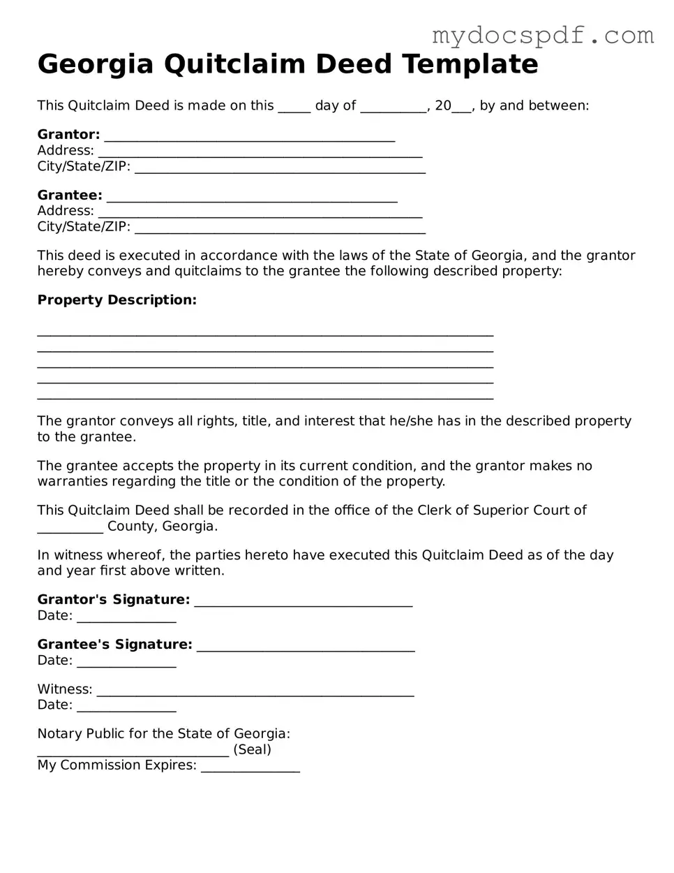 Fillable Georgia Quitclaim Deed Document