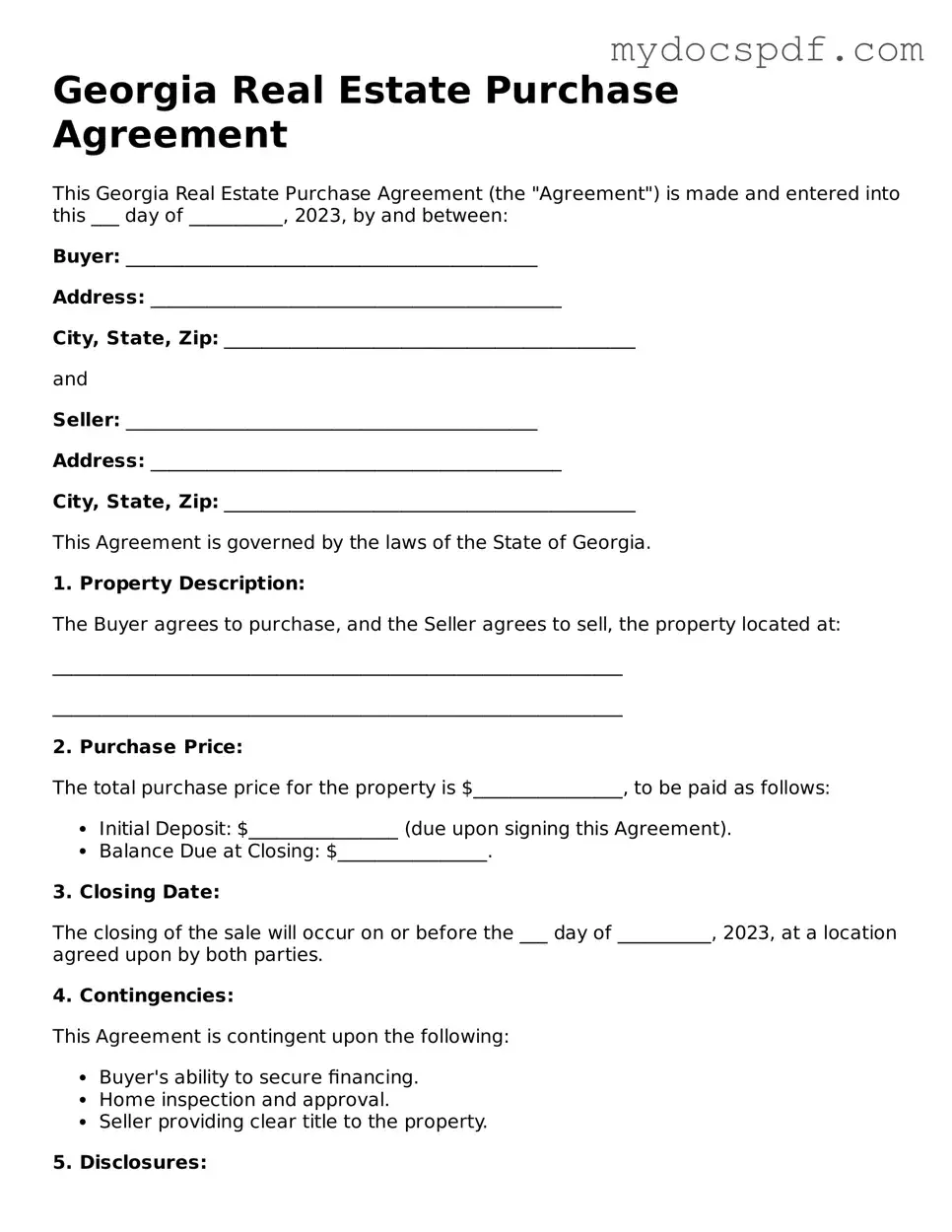 Fillable Georgia Real Estate Purchase Agreement Document