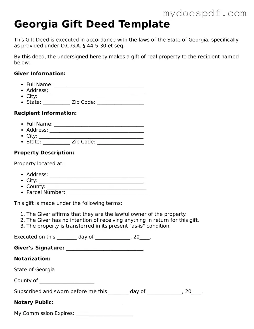 Fillable Georgia Gift Deed Document
