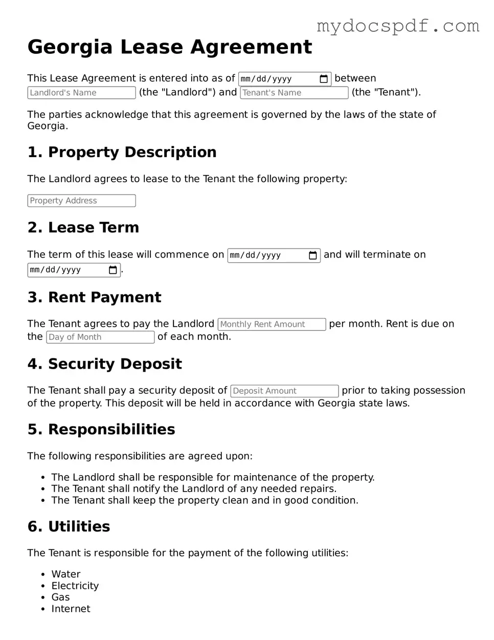 Fillable Georgia Lease Agreement Document
