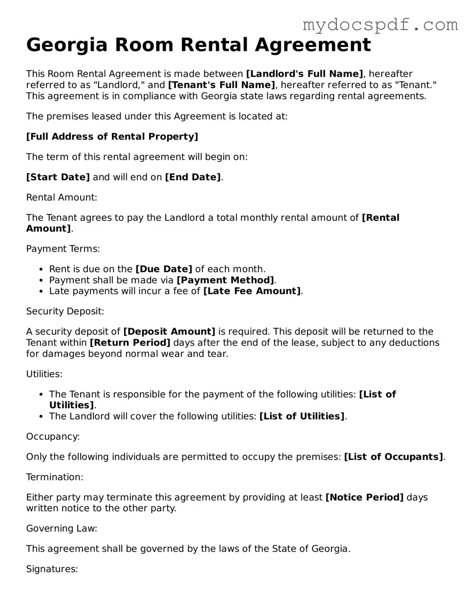 Fillable Georgia Room Rental Agreement Document