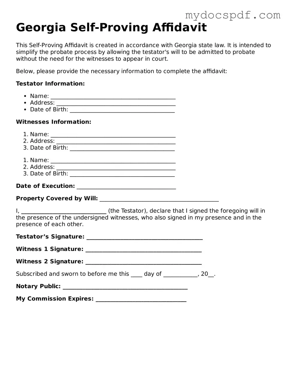 Fillable Georgia Self-Proving Affidavit Document