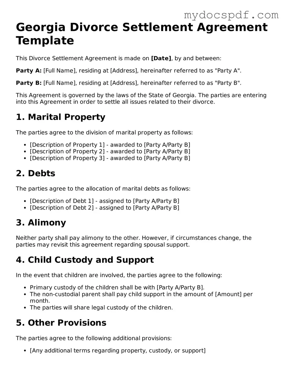 Fillable Georgia Divorce Settlement Agreement Document