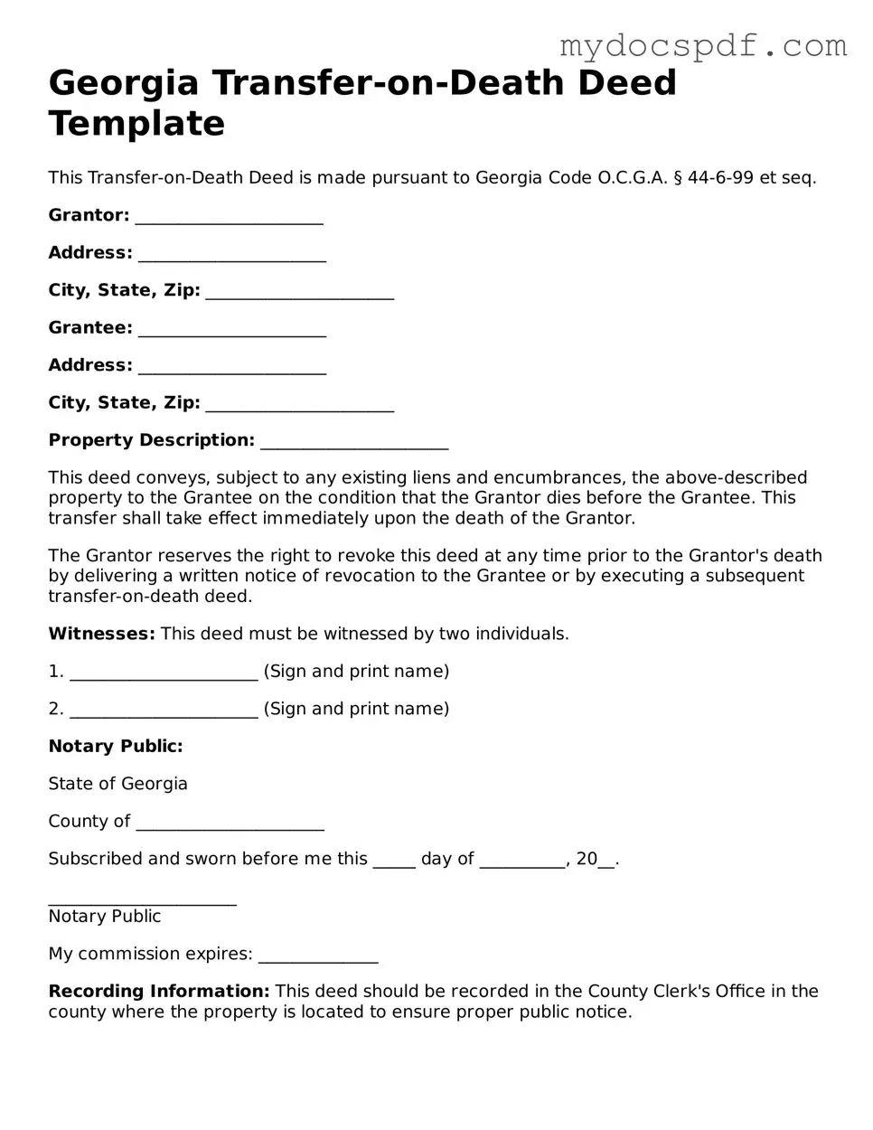 Fillable Georgia Transfer-on-Death Deed Document