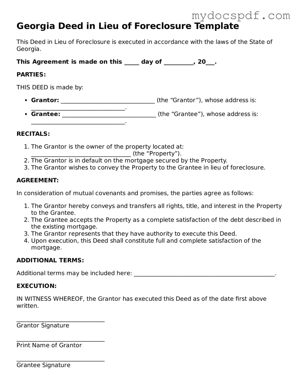 Fillable Georgia Deed in Lieu of Foreclosure Document