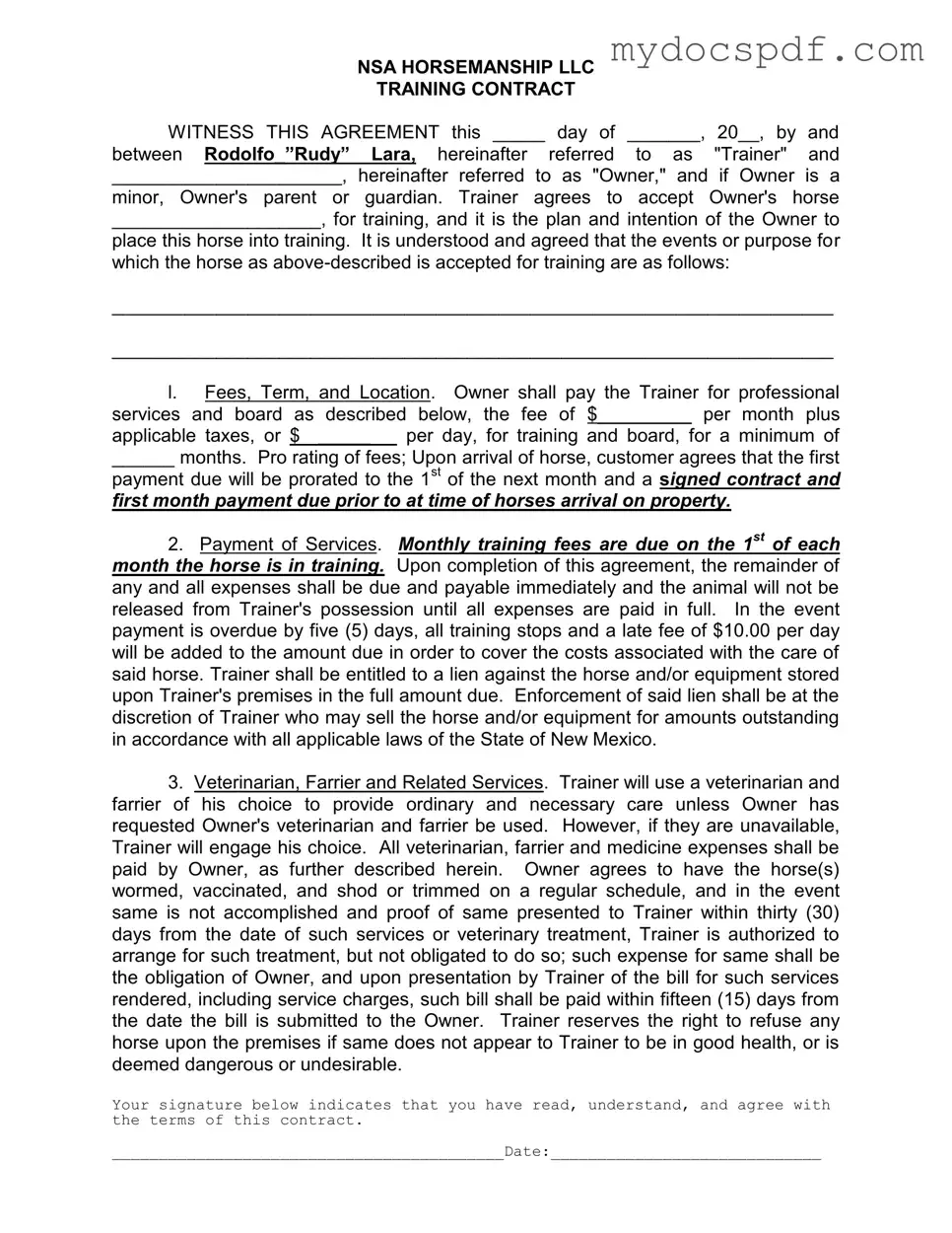 Get Horse Training Contract Form in PDF