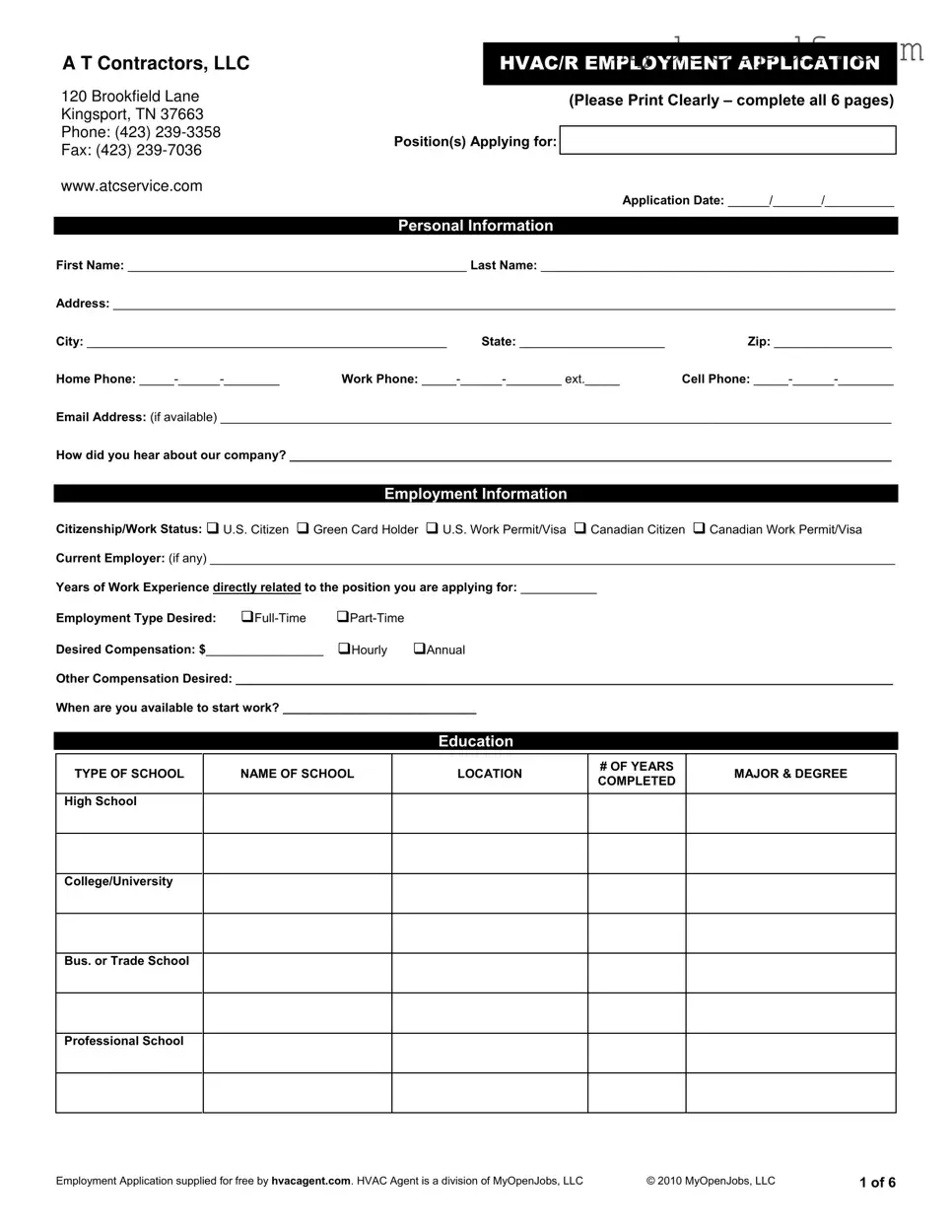 Get Hvac Job Application Form in PDF
