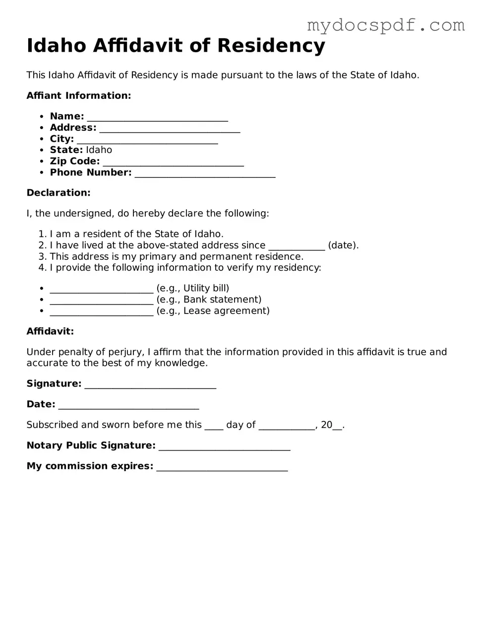 Fillable Idaho Affidavit of Residency Document