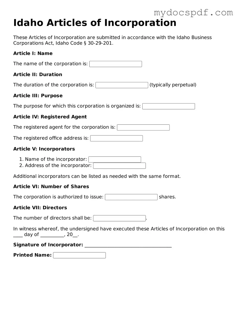 Fillable Idaho Articles of Incorporation Document