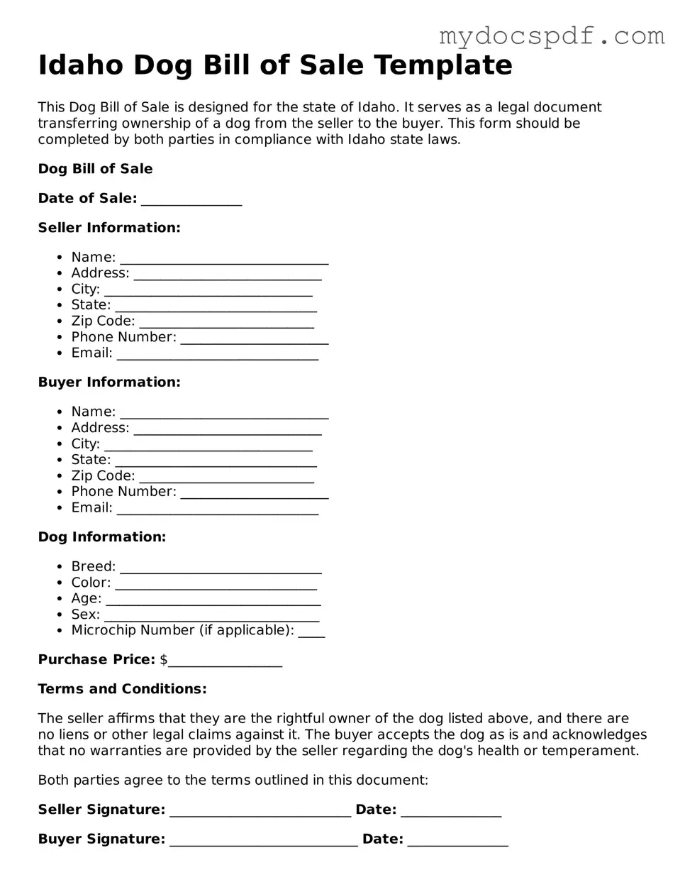 Fillable Idaho Dog Bill of Sale Document