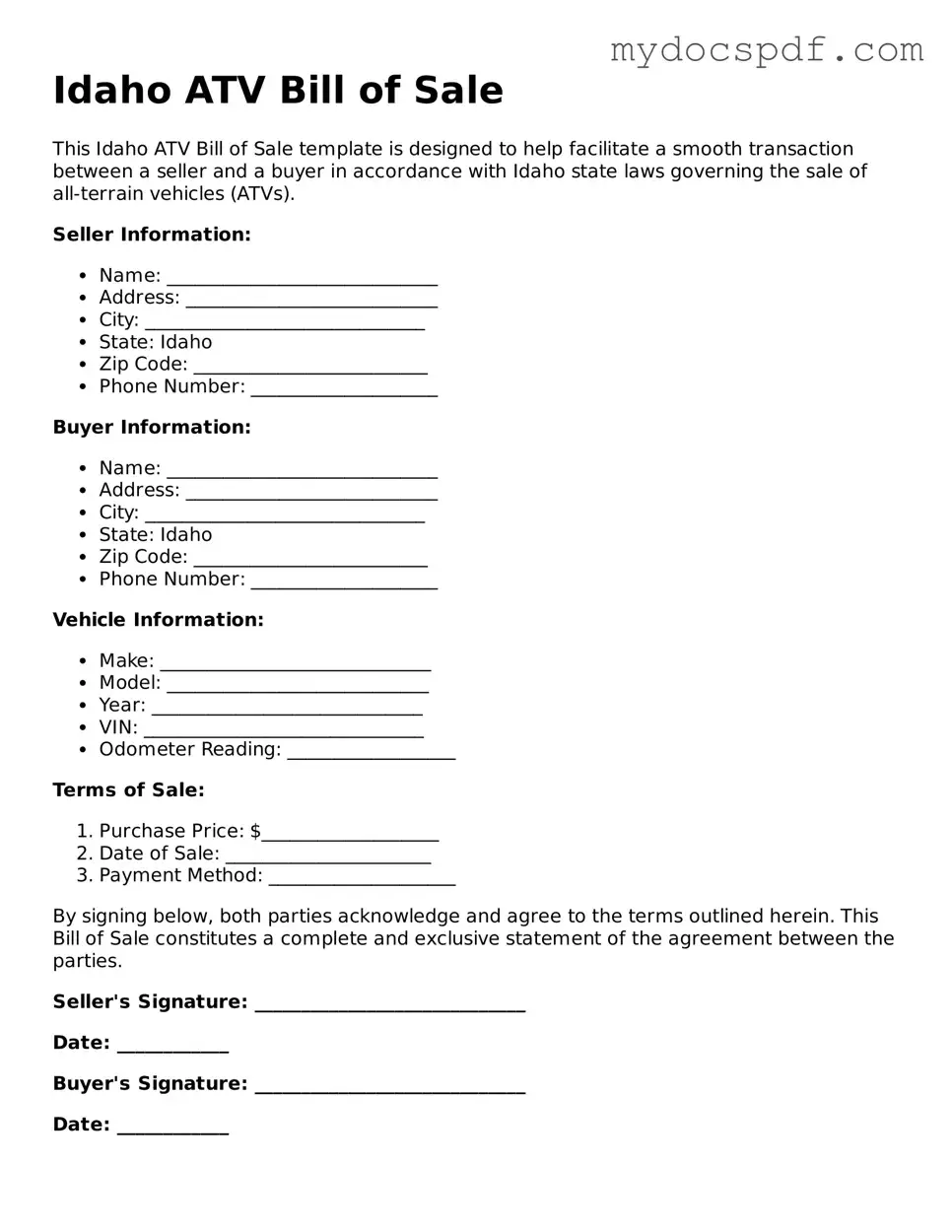 Fillable Idaho ATV Bill of Sale Document