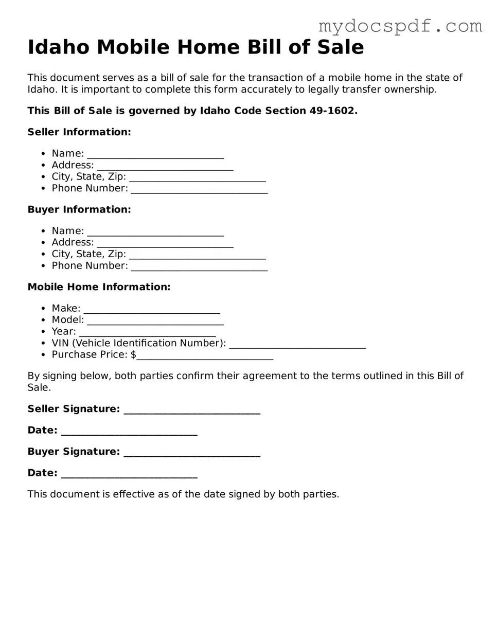 Fillable Idaho Mobile Home Bill of Sale Document