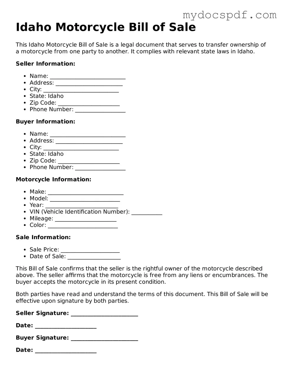 Fillable Idaho Motorcycle Bill of Sale Document