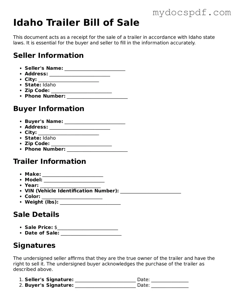 Fillable Idaho Trailer Bill of Sale Document