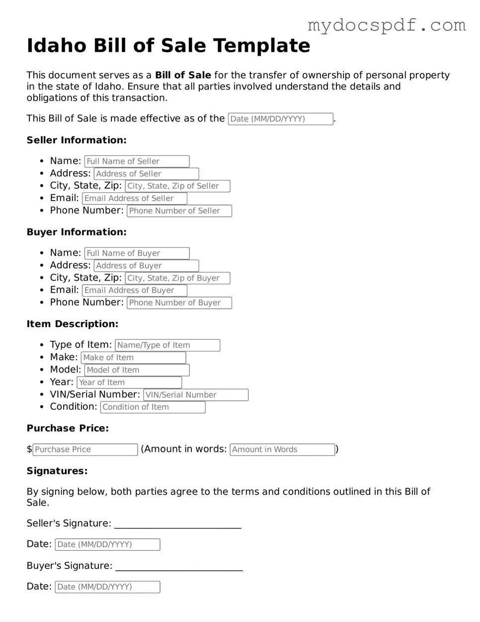 Fillable Idaho Bill of Sale Document