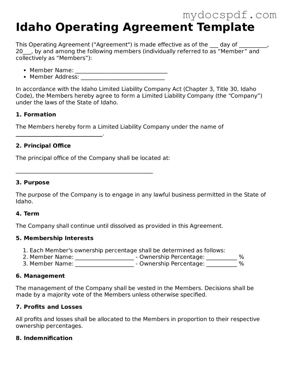 Fillable Idaho Operating Agreement Document