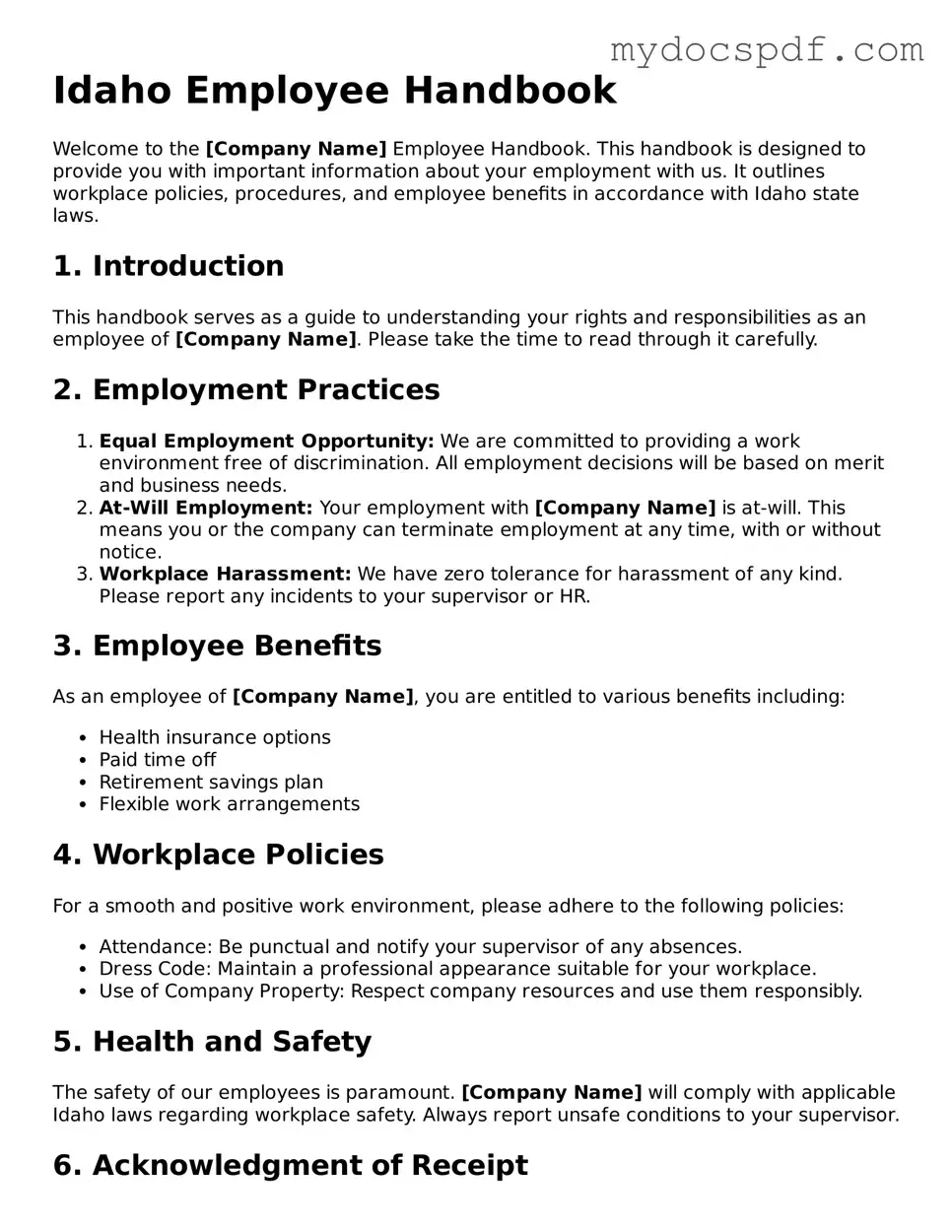 Fillable Idaho Employee Handbook Document