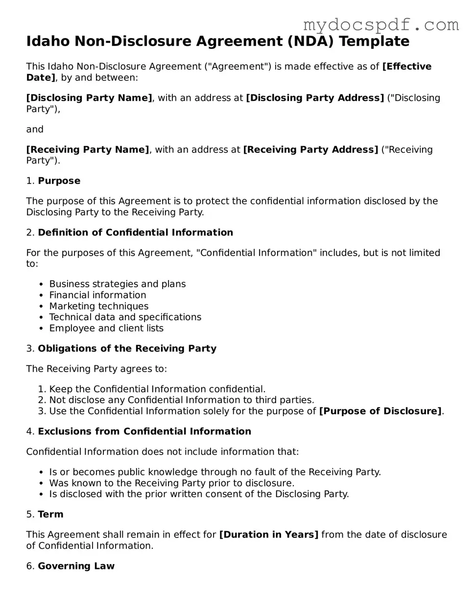 Fillable Idaho Non-disclosure Agreement Document