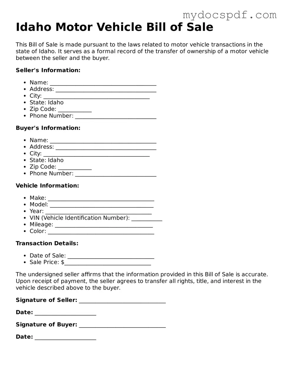 Fillable Idaho Motor Vehicle Bill of Sale Document