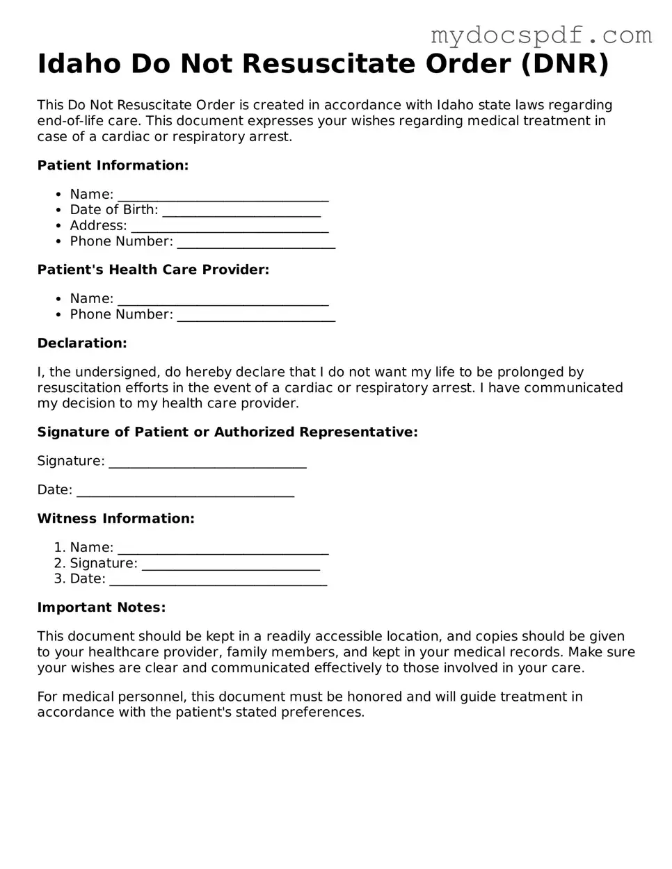 Fillable Idaho Do Not Resuscitate Order Document