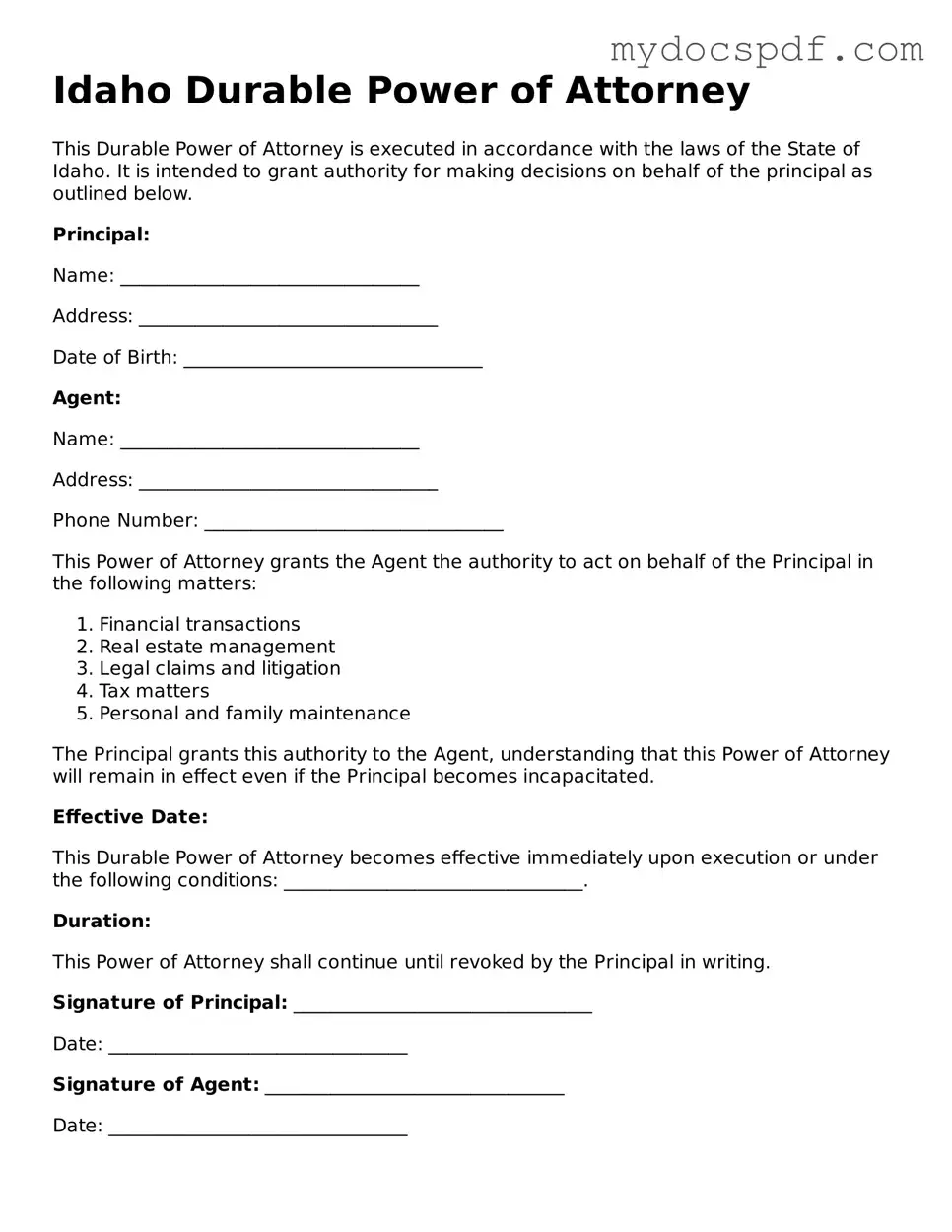 Fillable Idaho Durable Power of Attorney Document