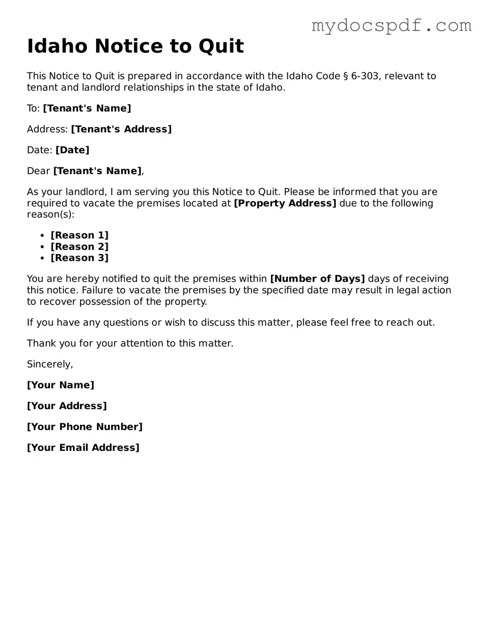 Fillable Idaho Notice to Quit Document