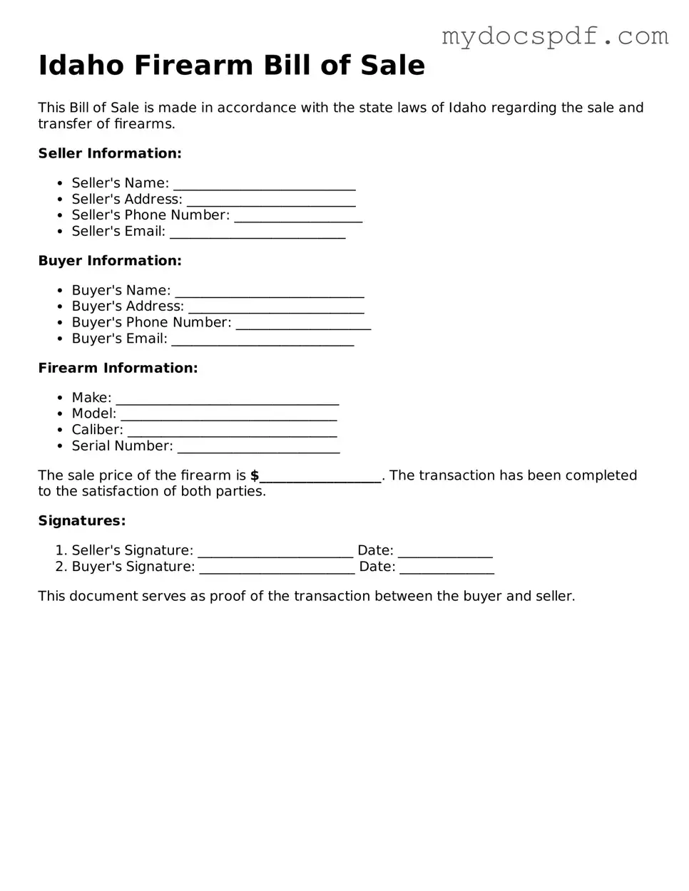 Fillable Idaho Firearm Bill of Sale Document