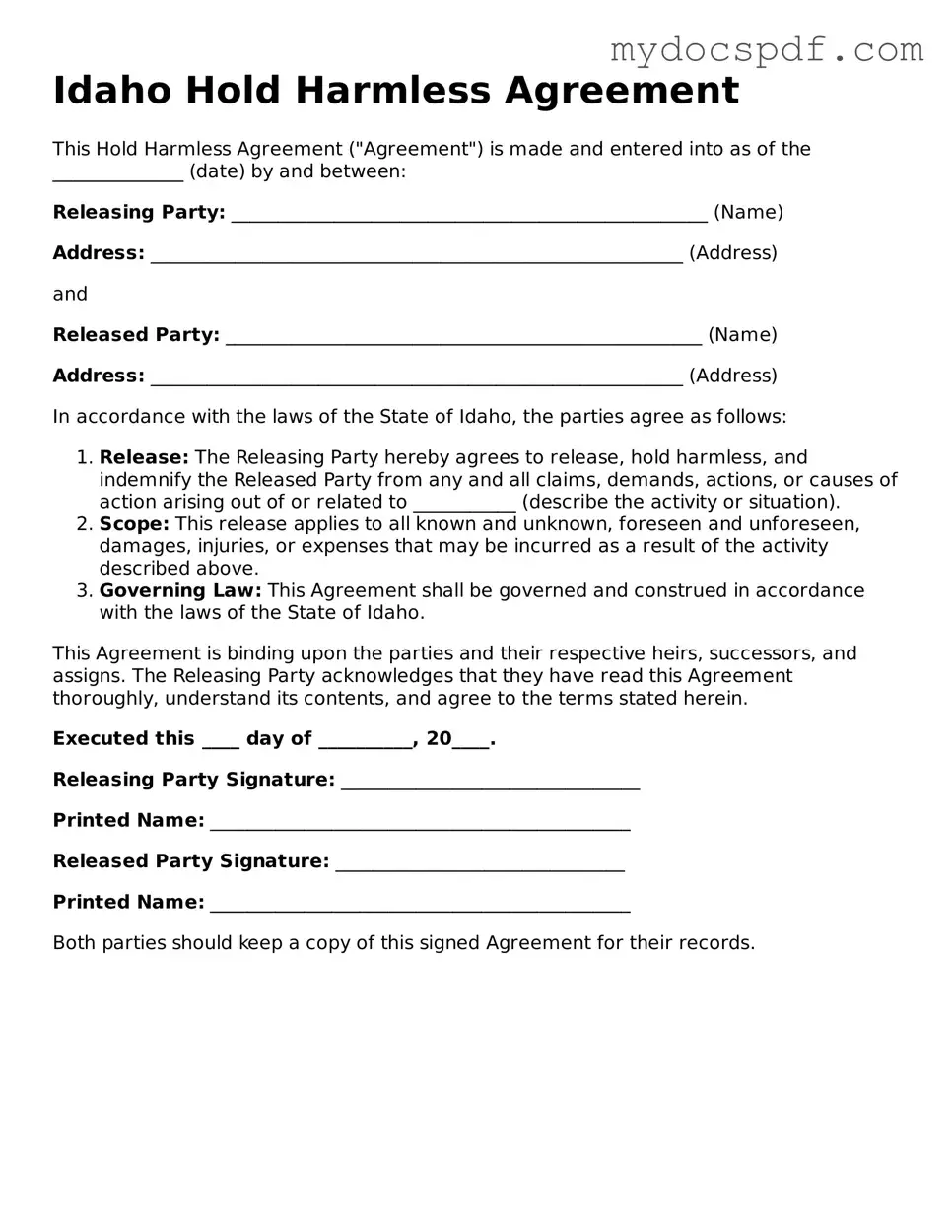 Fillable Idaho Hold Harmless Agreement Document