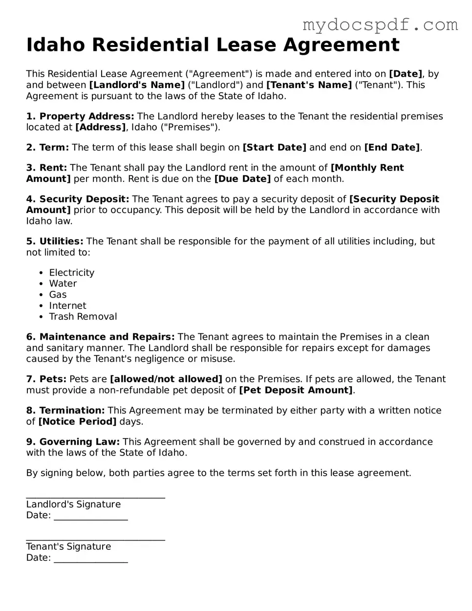 Fillable Idaho Residential Lease Agreement Document