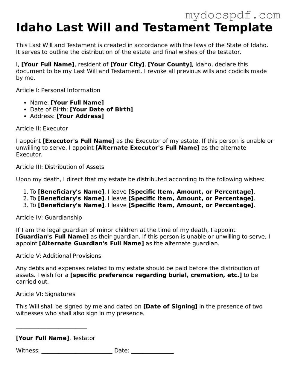Fillable Idaho Last Will and Testament Document