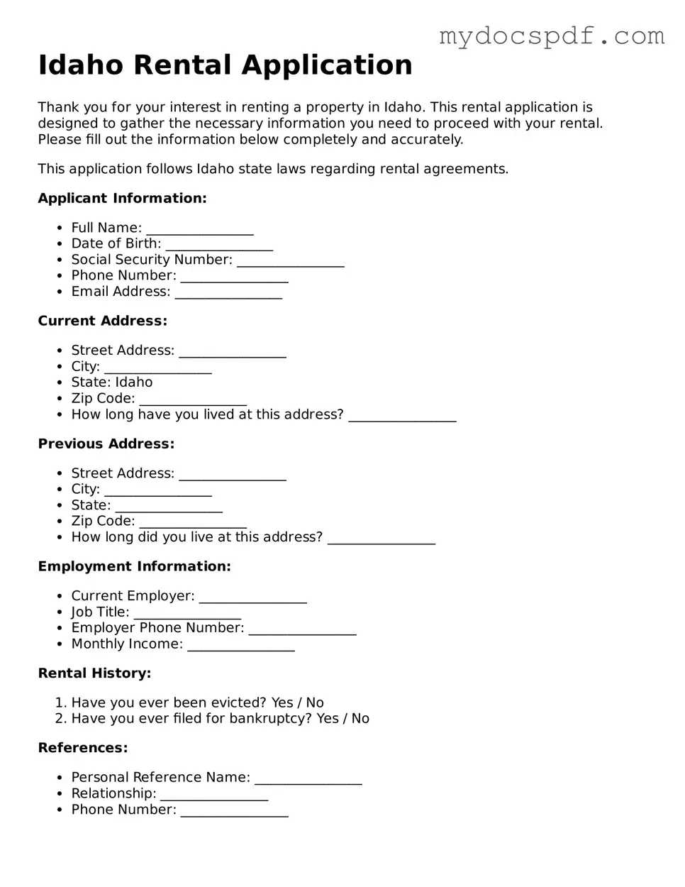 Fillable Idaho Rental Application Document