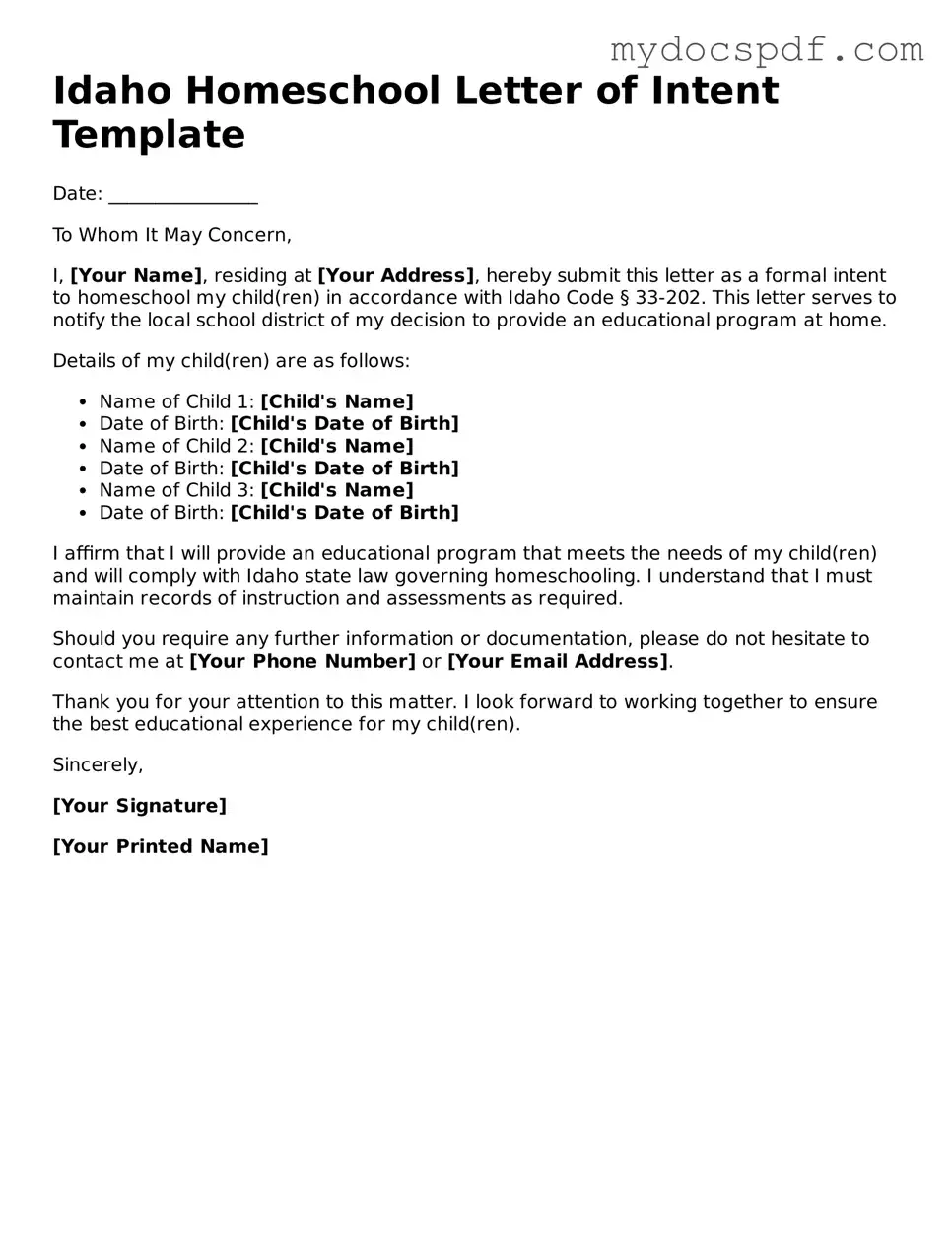 Fillable Idaho Homeschool Letter of Intent Document