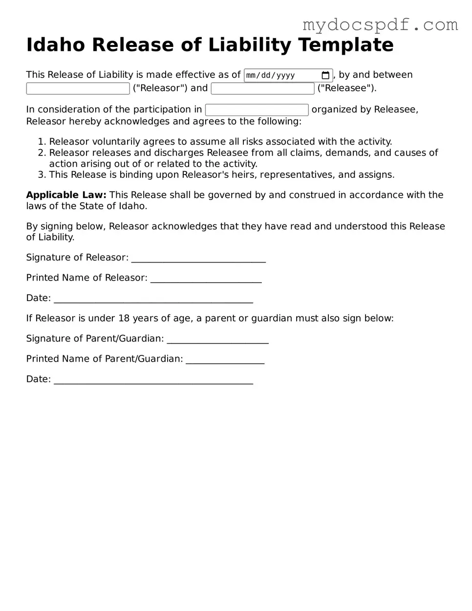 Fillable Idaho Release of Liability Document