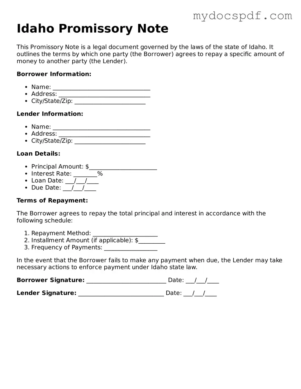 Fillable Idaho Promissory Note Document