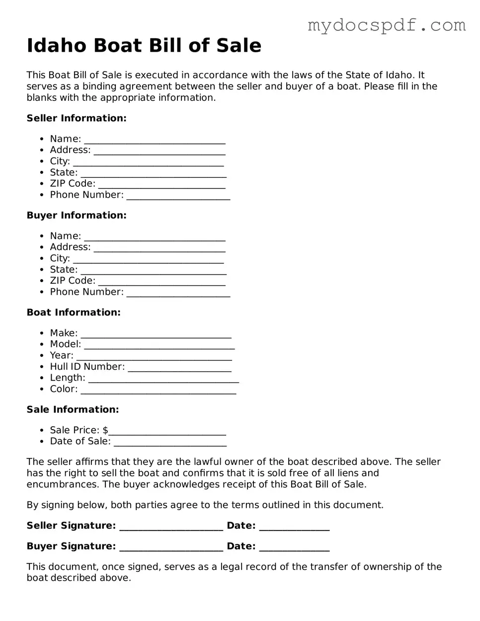 Fillable Idaho Boat Bill of Sale Document