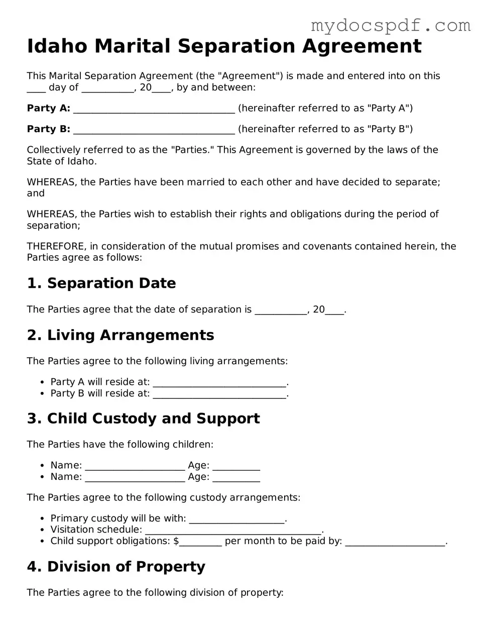 Fillable Idaho Marital Separation Agreement Document