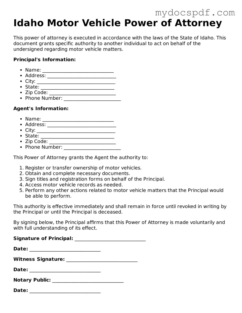 Fillable Idaho Motor Vehicle Power of Attorney Document