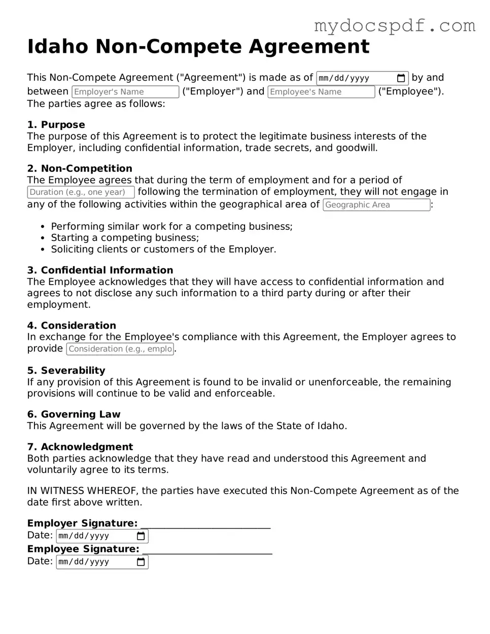 Fillable Idaho Non-compete Agreement Document