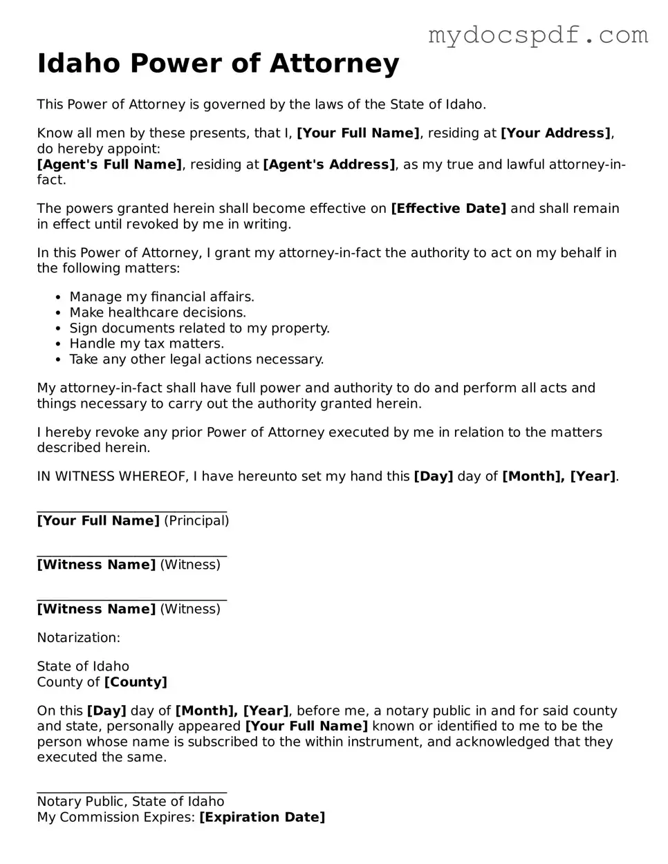 Fillable Idaho Power of Attorney Document