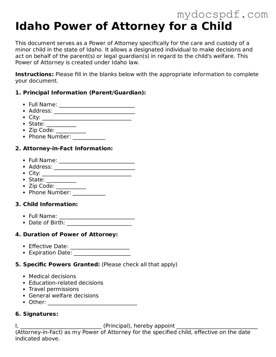 Fillable Idaho Power of Attorney for a Child Document