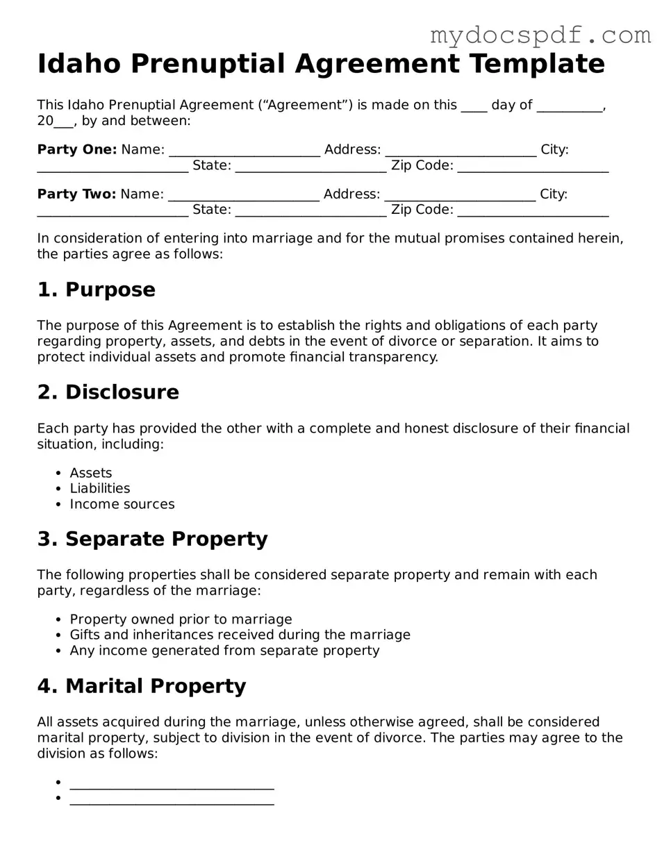 Fillable Idaho Prenuptial Agreement Document