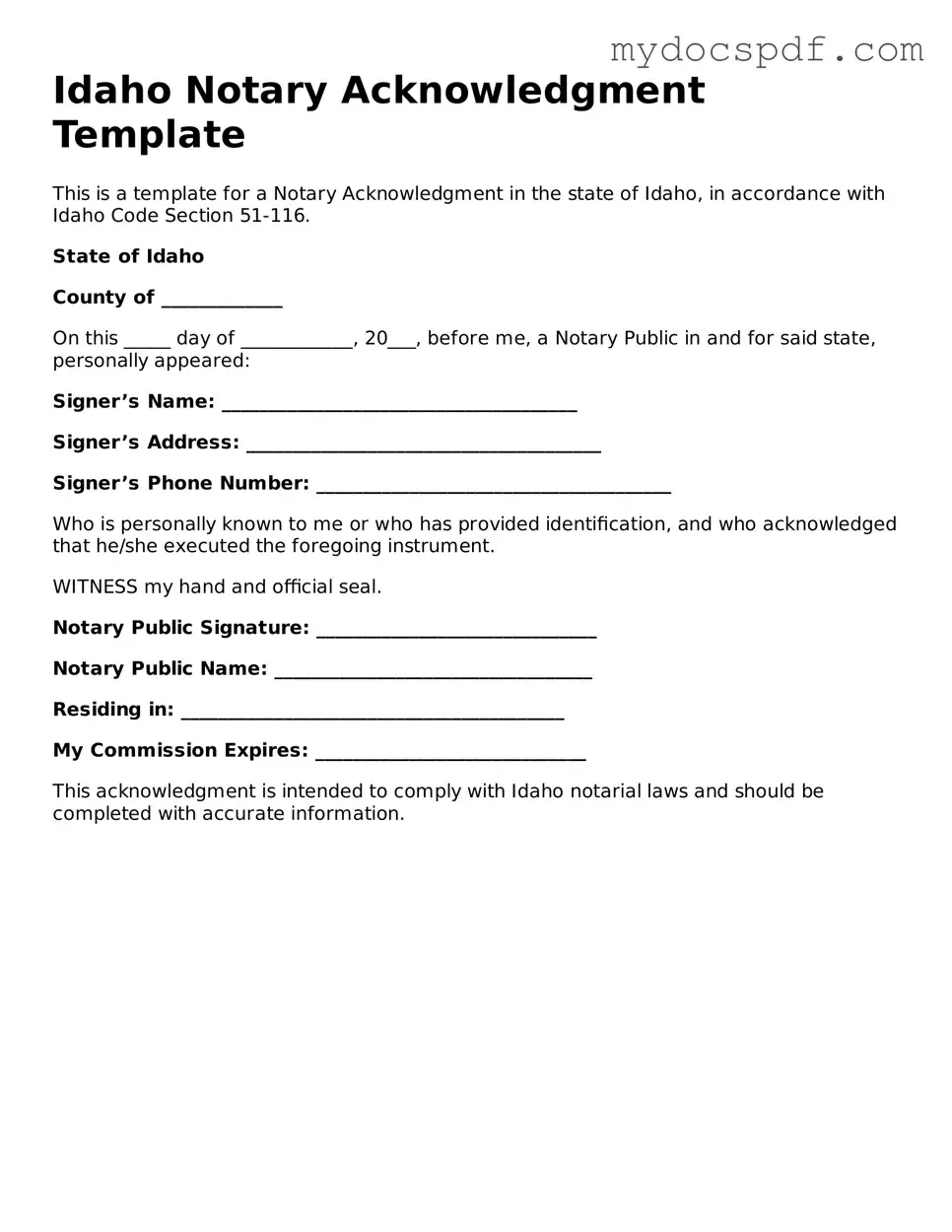 Fillable Idaho Notary Acknowledgement Document