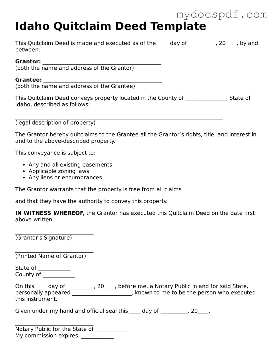 Fillable Idaho Quitclaim Deed Document