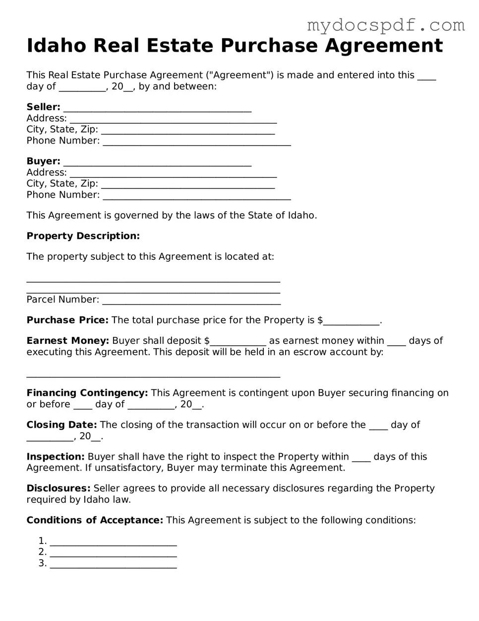 Fillable Idaho Real Estate Purchase Agreement Document